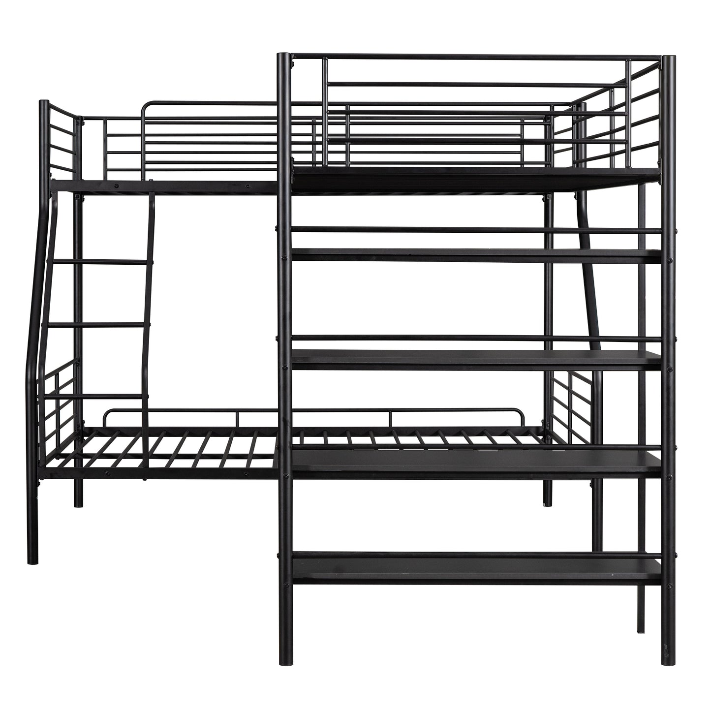 Black metal triple bunk bed with ladder and guardrails for children