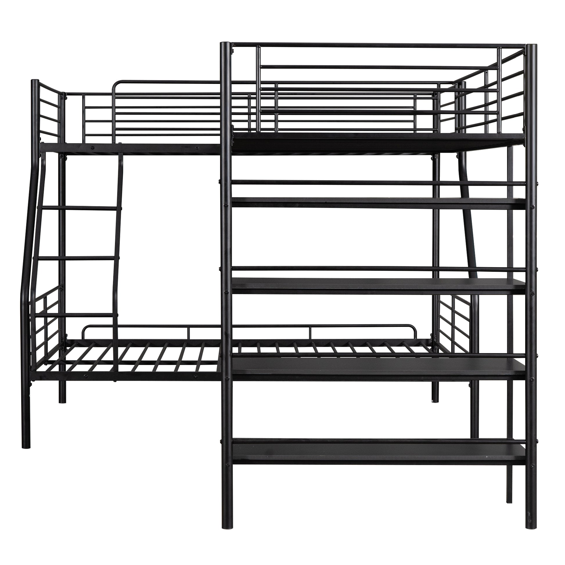 Black metal triple bunk bed with ladder and guardrails for children