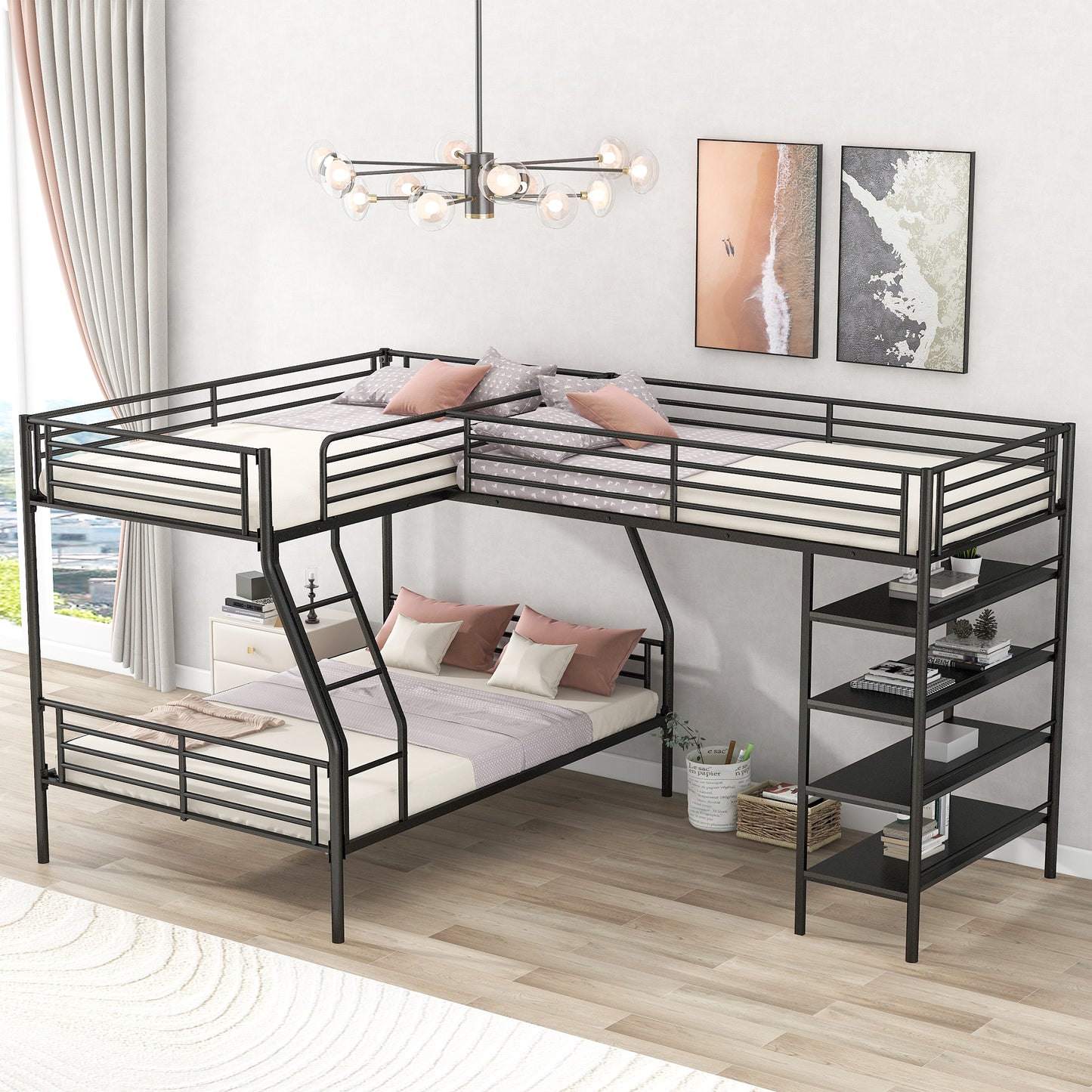 Black metal Lshaped bunk bed with ladder and shelves
