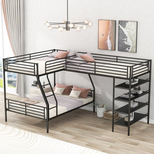 Black metal Lshaped bunk bed with ladder and shelves