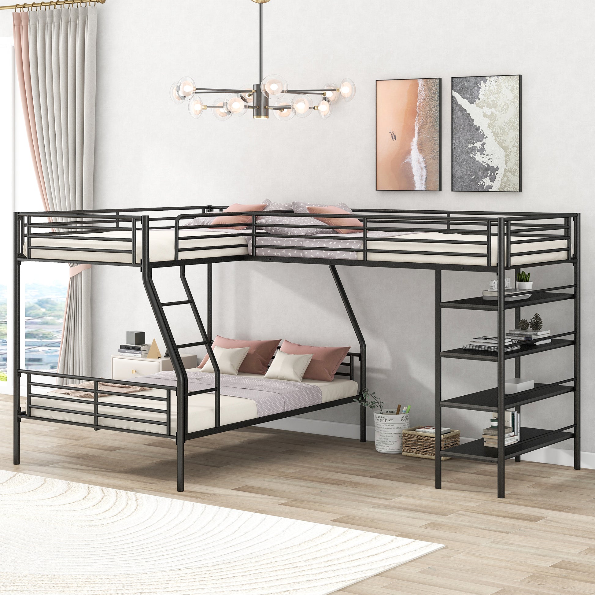 Black metal Lshaped triple bunk bed with ladder and attached shelves