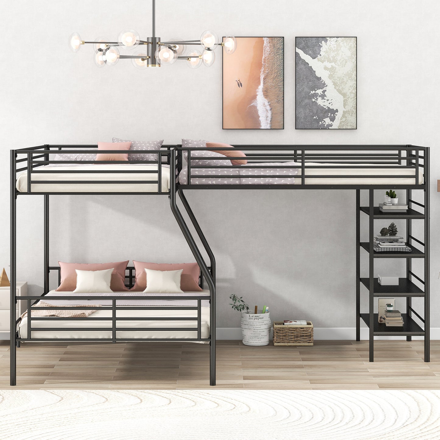 Black metal twin over twin bunk bed with ladder and attached shelves