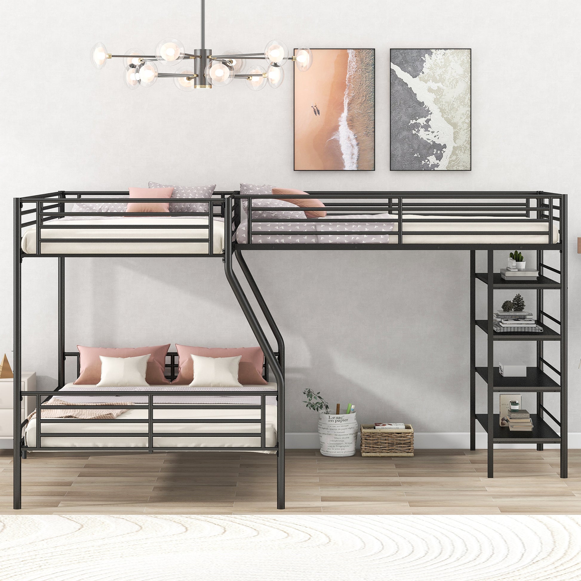 Black metal twin over twin bunk bed with ladder and attached shelves