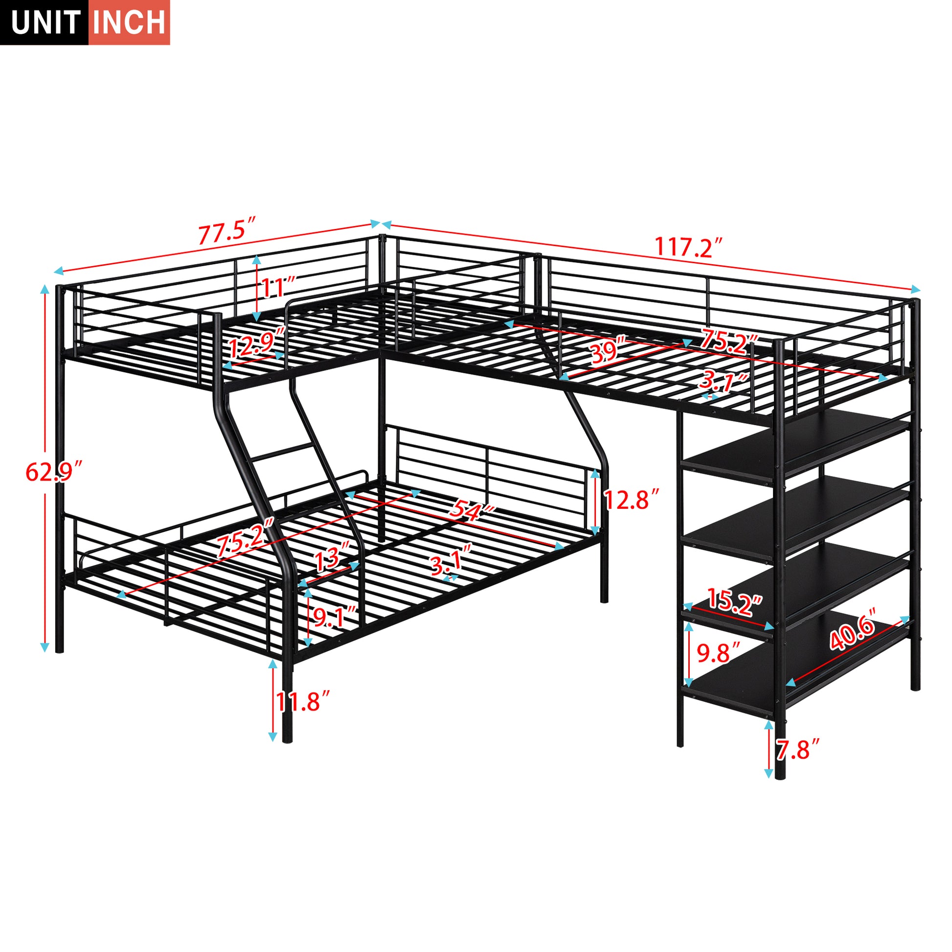 Black metal triple bunk bed with ladder and shelves