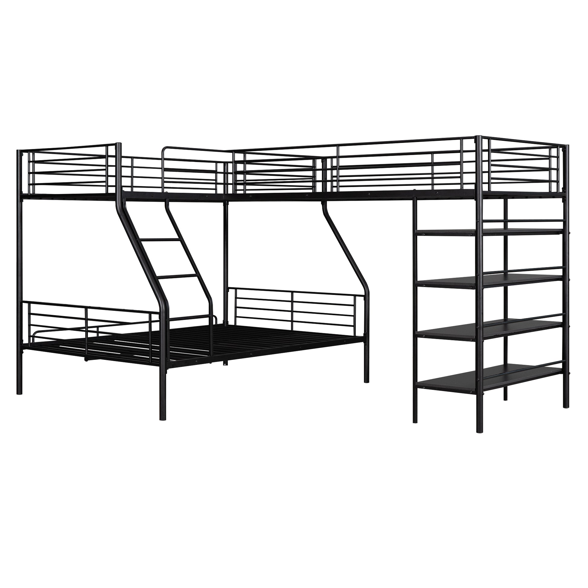 Black metal triple bunk bed with ladder and integrated shelves
