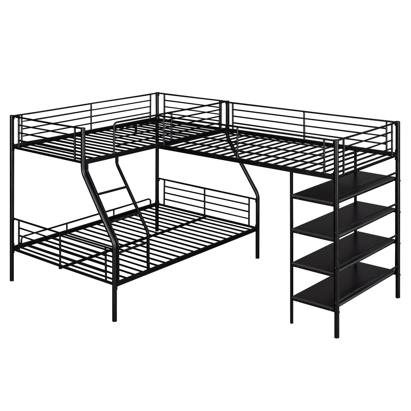 Black metal Lshaped bunk bed with ladder and shelves