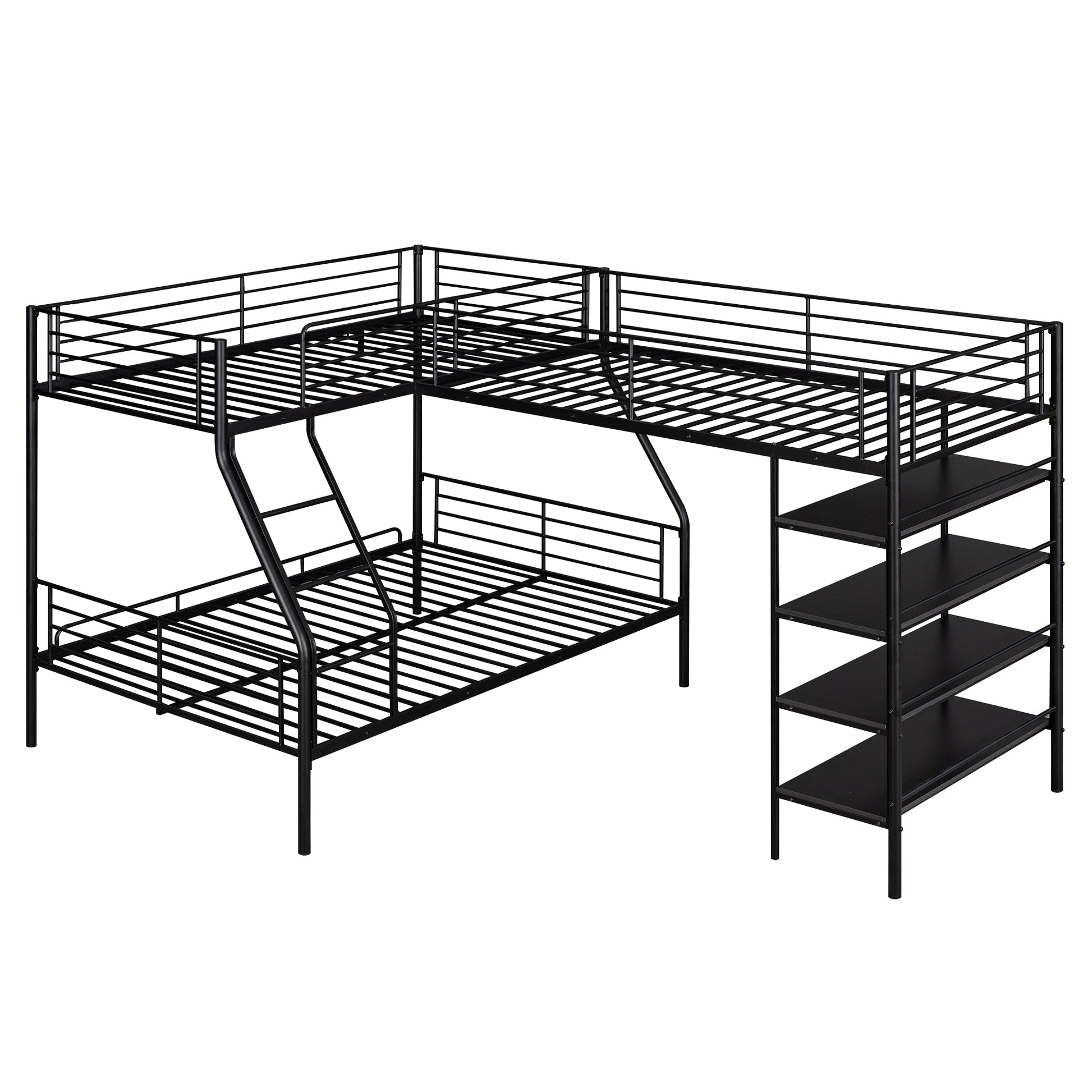 Black metal Lshaped bunk bed with ladder and shelves