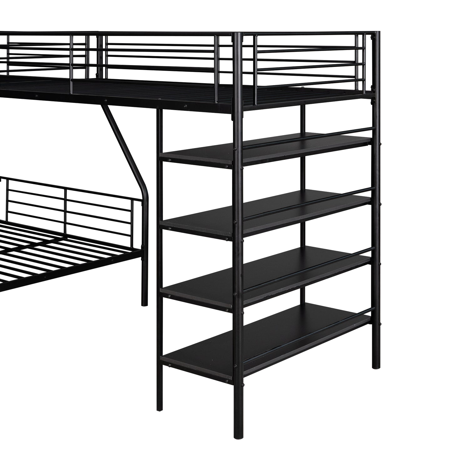 Black metal bunk bed frame with integrated shelving
