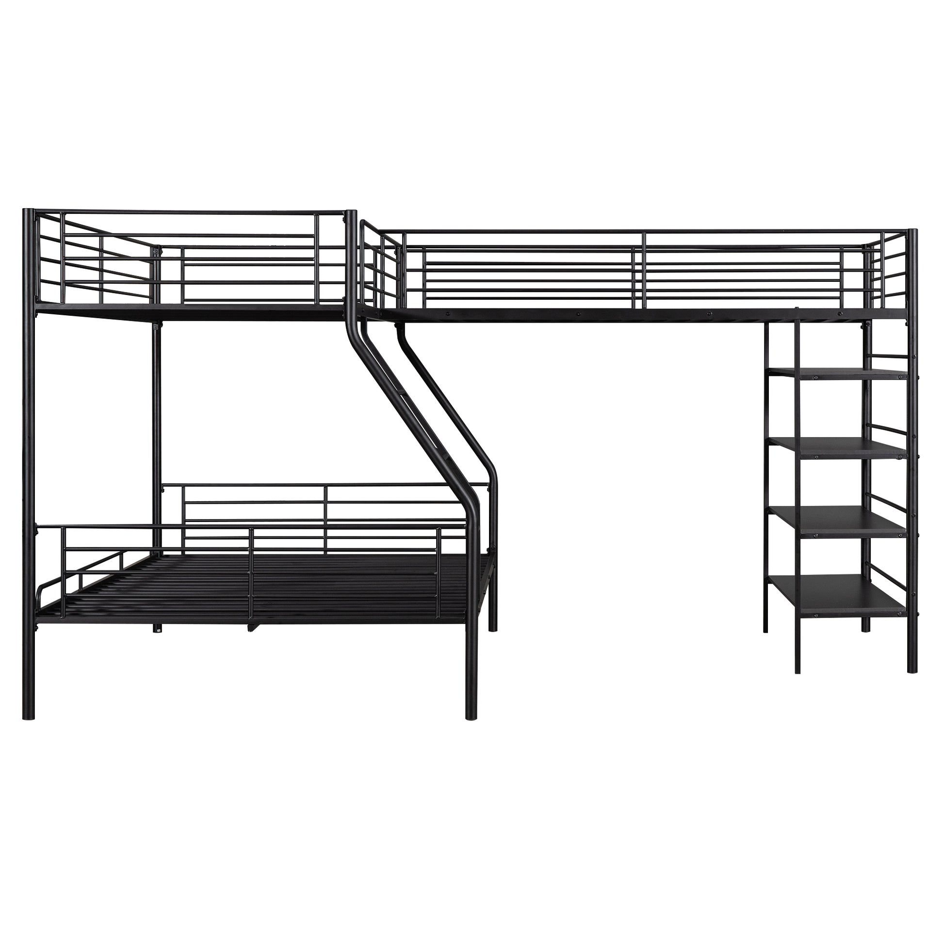 Black metal triple bunk bed with ladder and integrated shelves