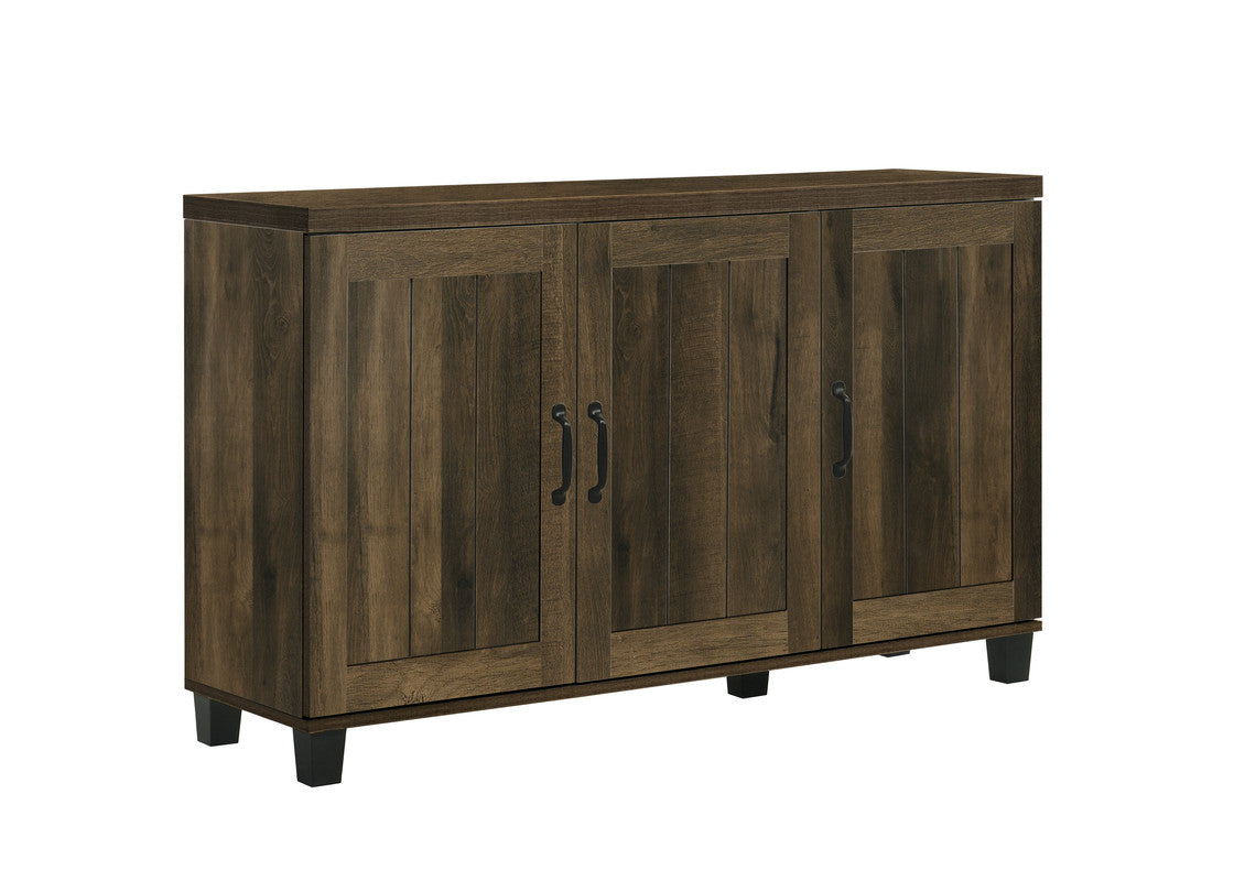 Rustic brown wood sideboard with three doors and black hardware