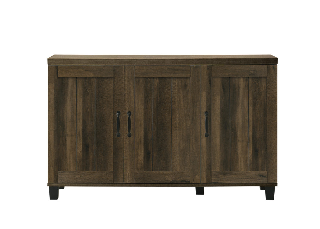 Rustic brown sideboard with three paneled doors and black hardware