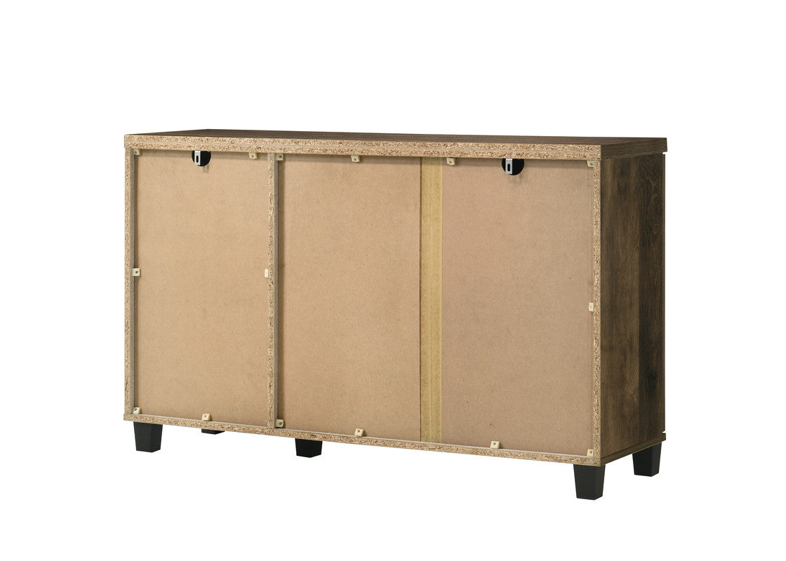 Rustic brown wood media console back panel showing construction