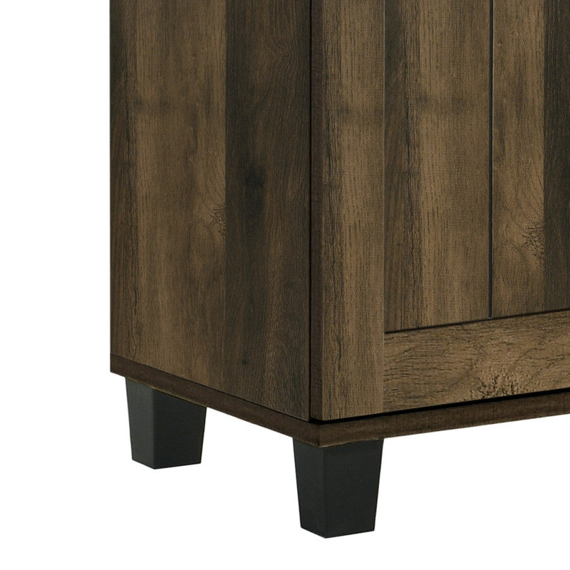 Rustic wood veneer cabinet corner with modern black legs