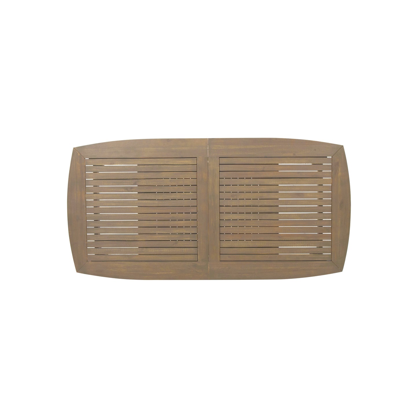 Acacia wood dining table with slatted top and rounded edges