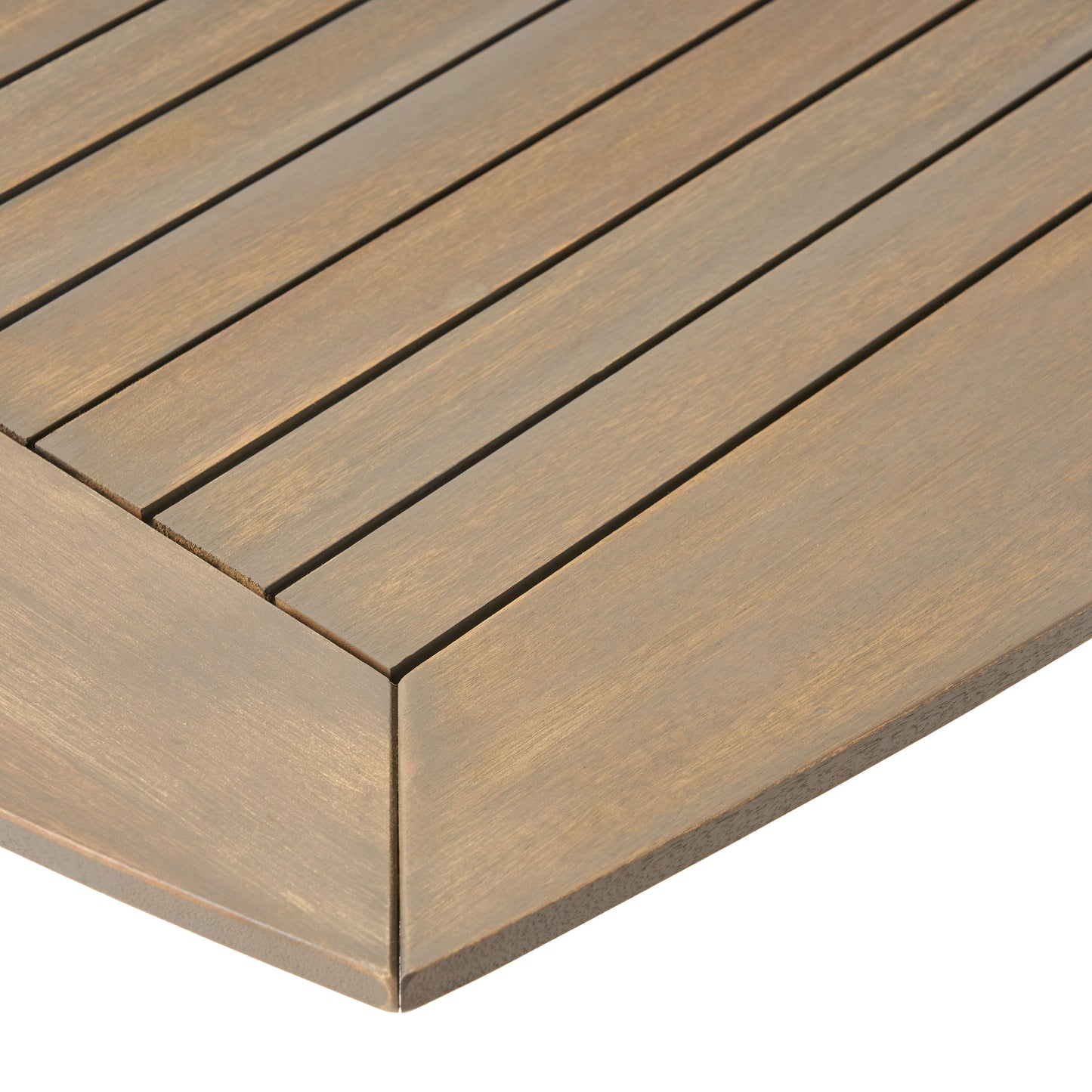 Rustic brown wooden slatted tabletop with clean corner detail