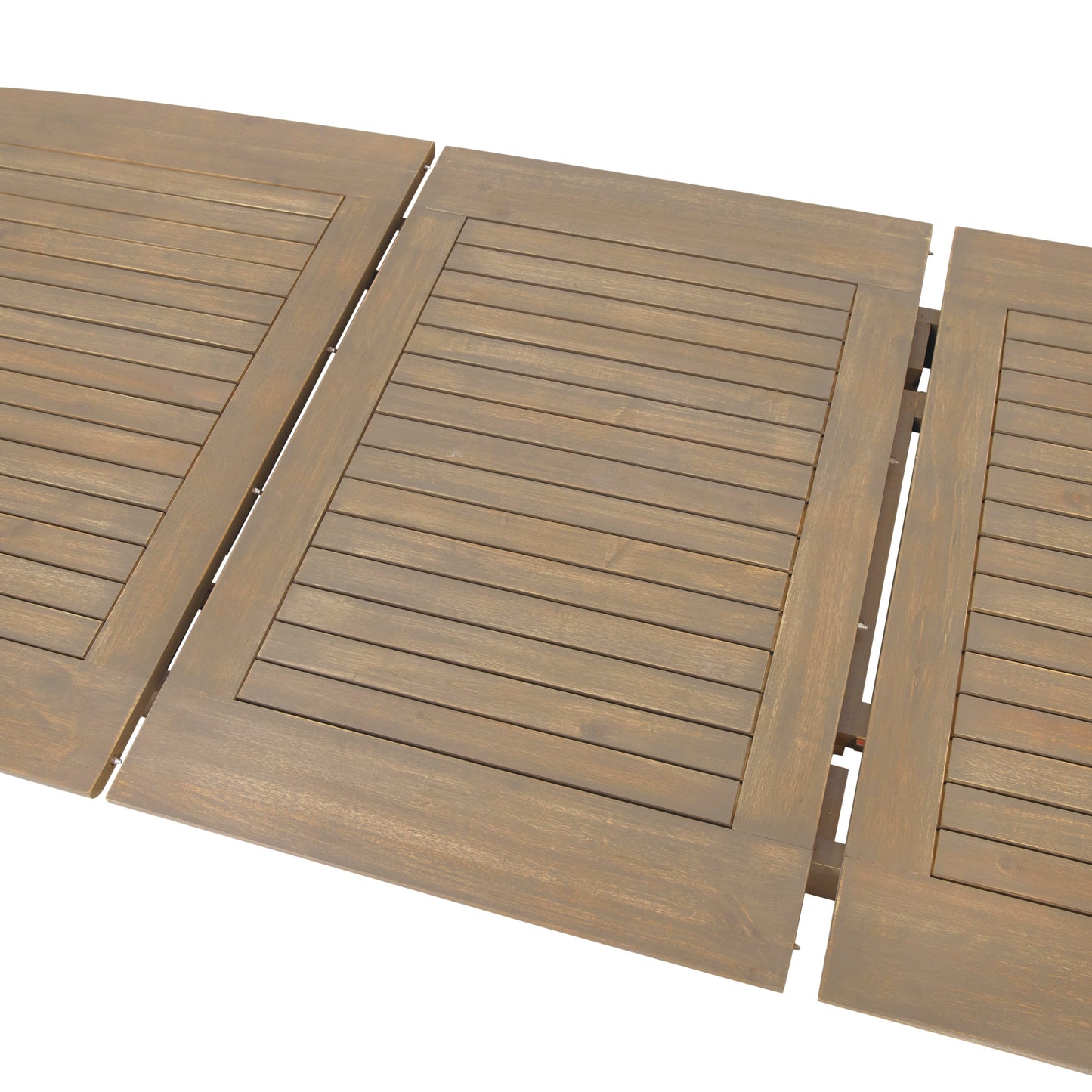Closeup of a weathered grey wooden slatted dining table top
