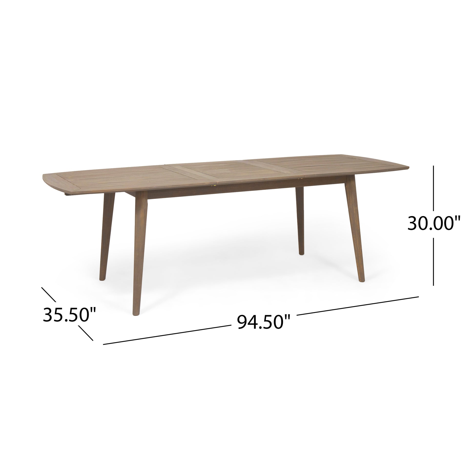 Extendable teak dining table with slatted surface and tapered legs perfect for outdoor entertaining