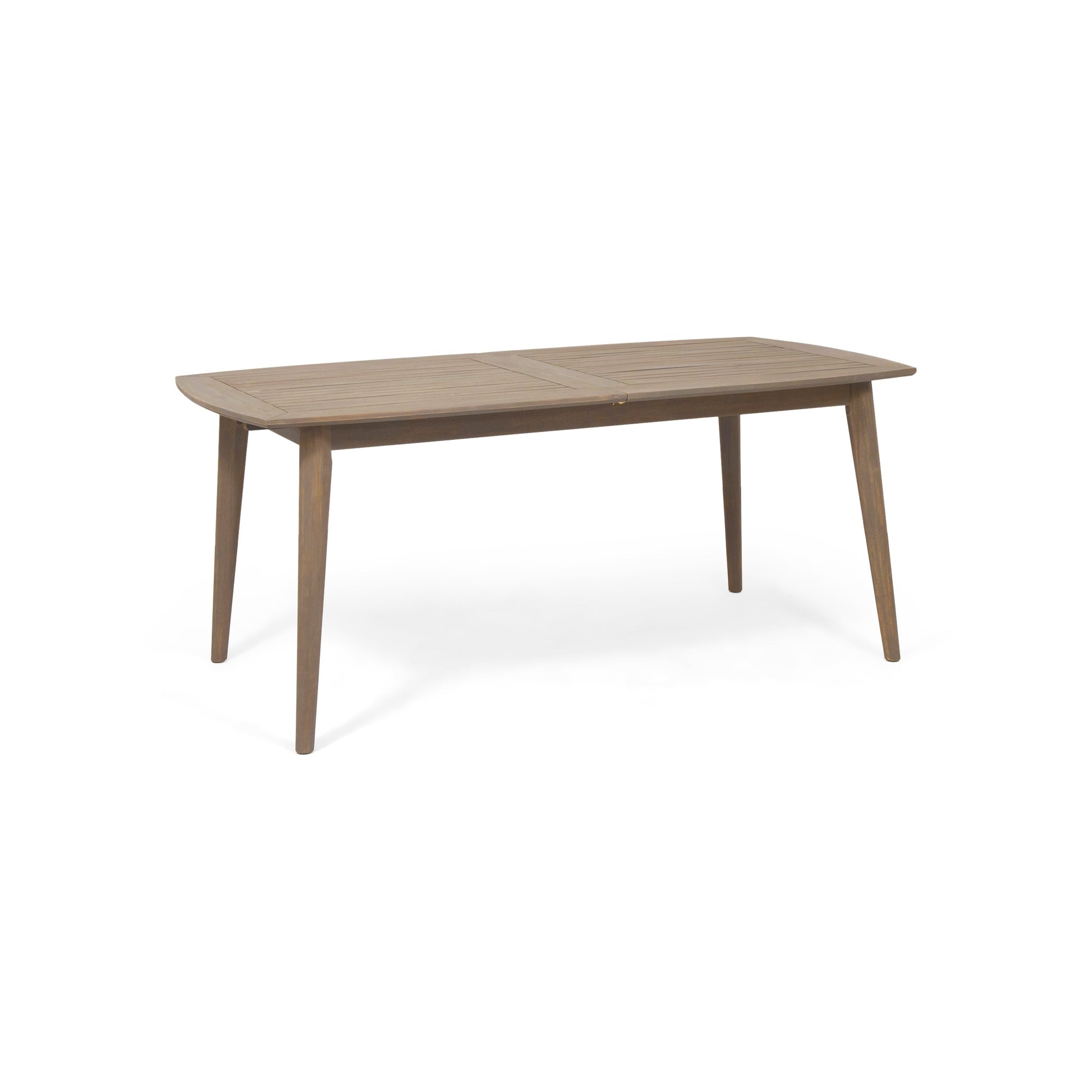 Rectangular wooden outdoor dining table with slatted top and tapered legs