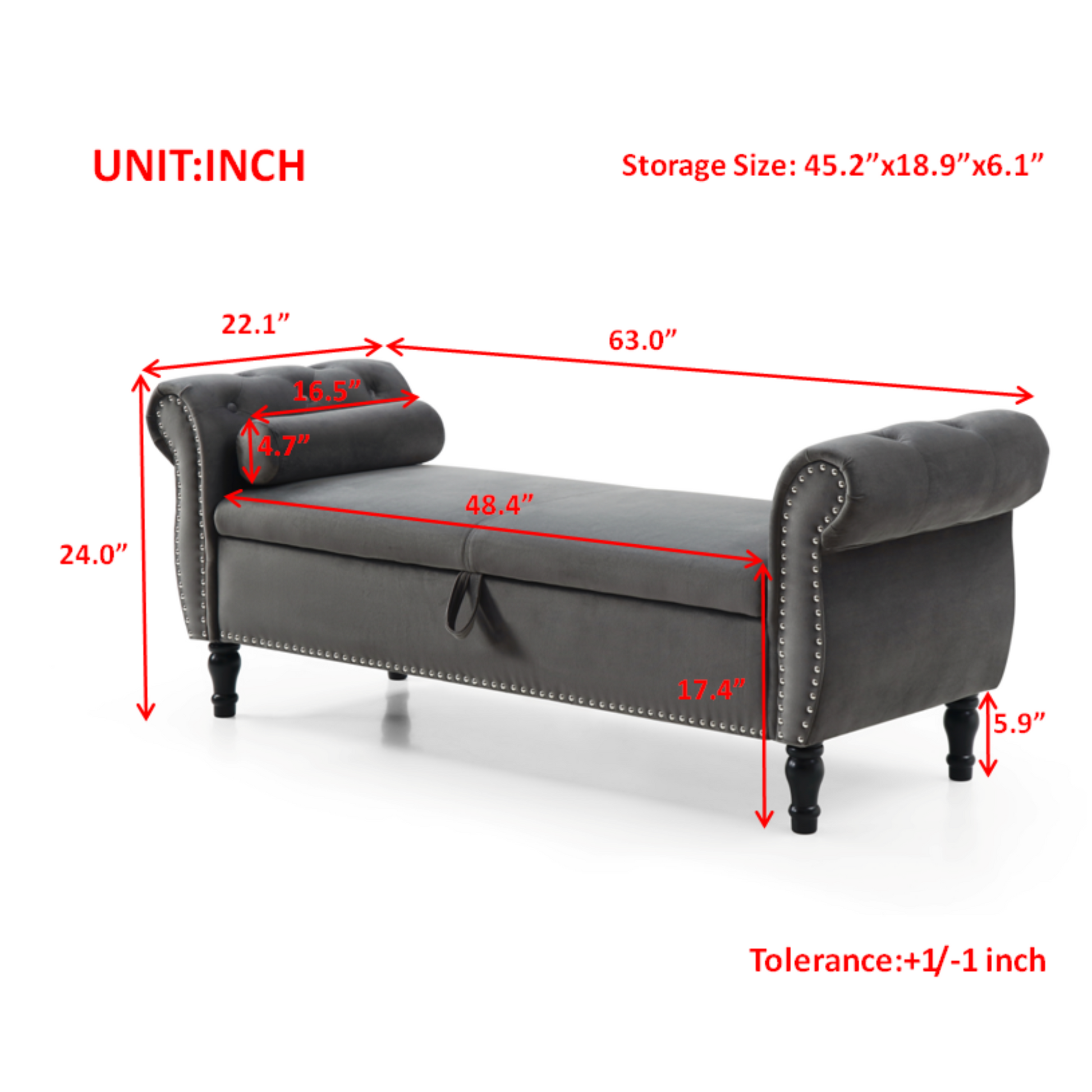 Grey velvet storage bench with tufted seat and rolled arms