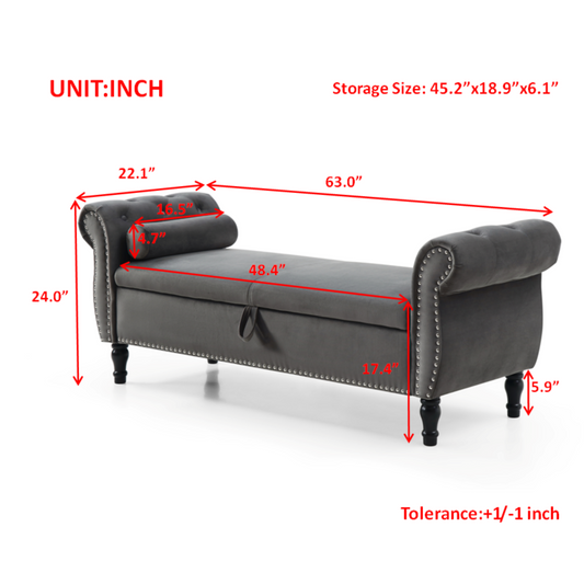 Grey velvet storage bench with tufted seat and rolled arms