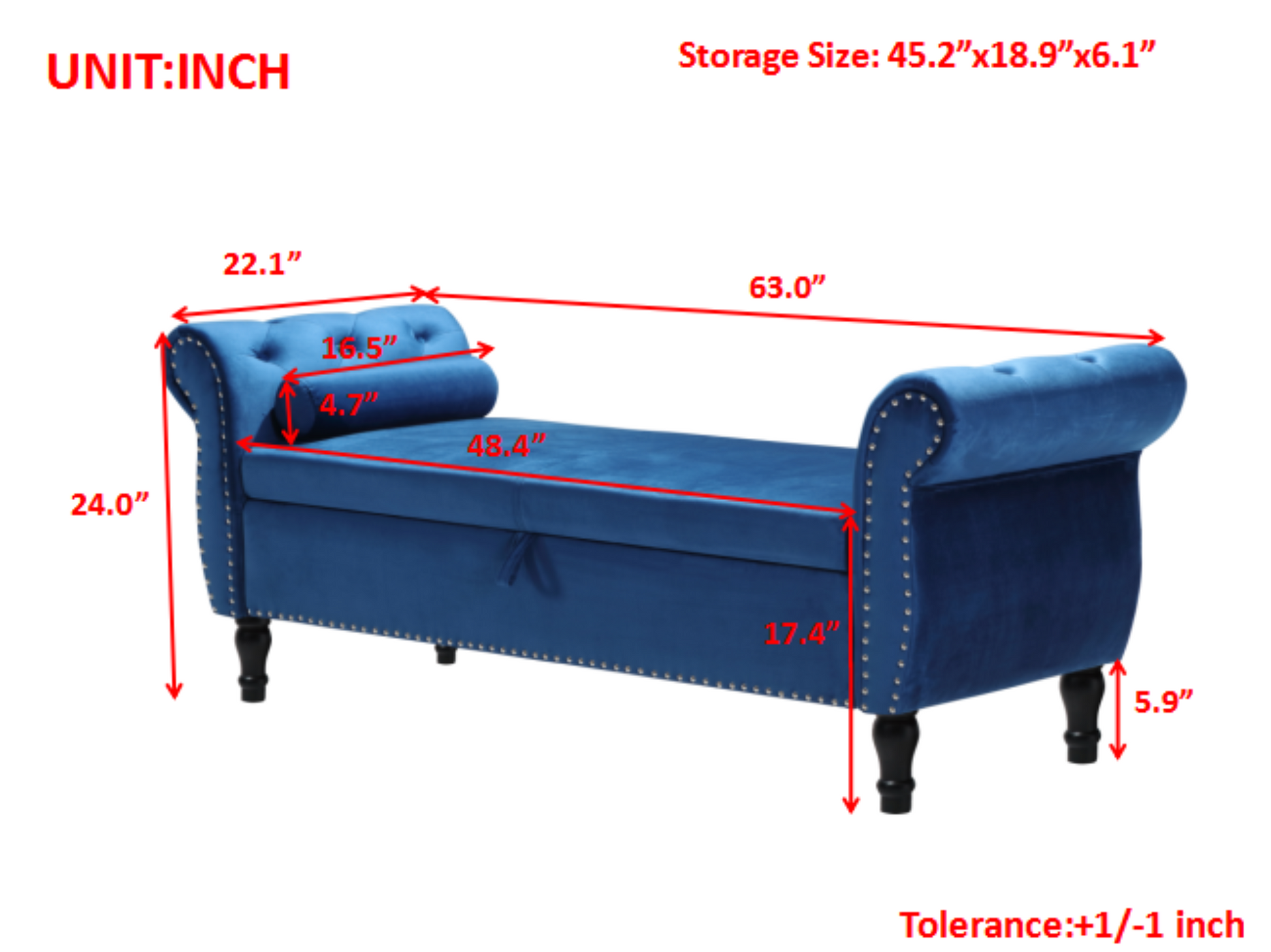 Blue velvet storage ottoman with tufted details and nailhead trim
