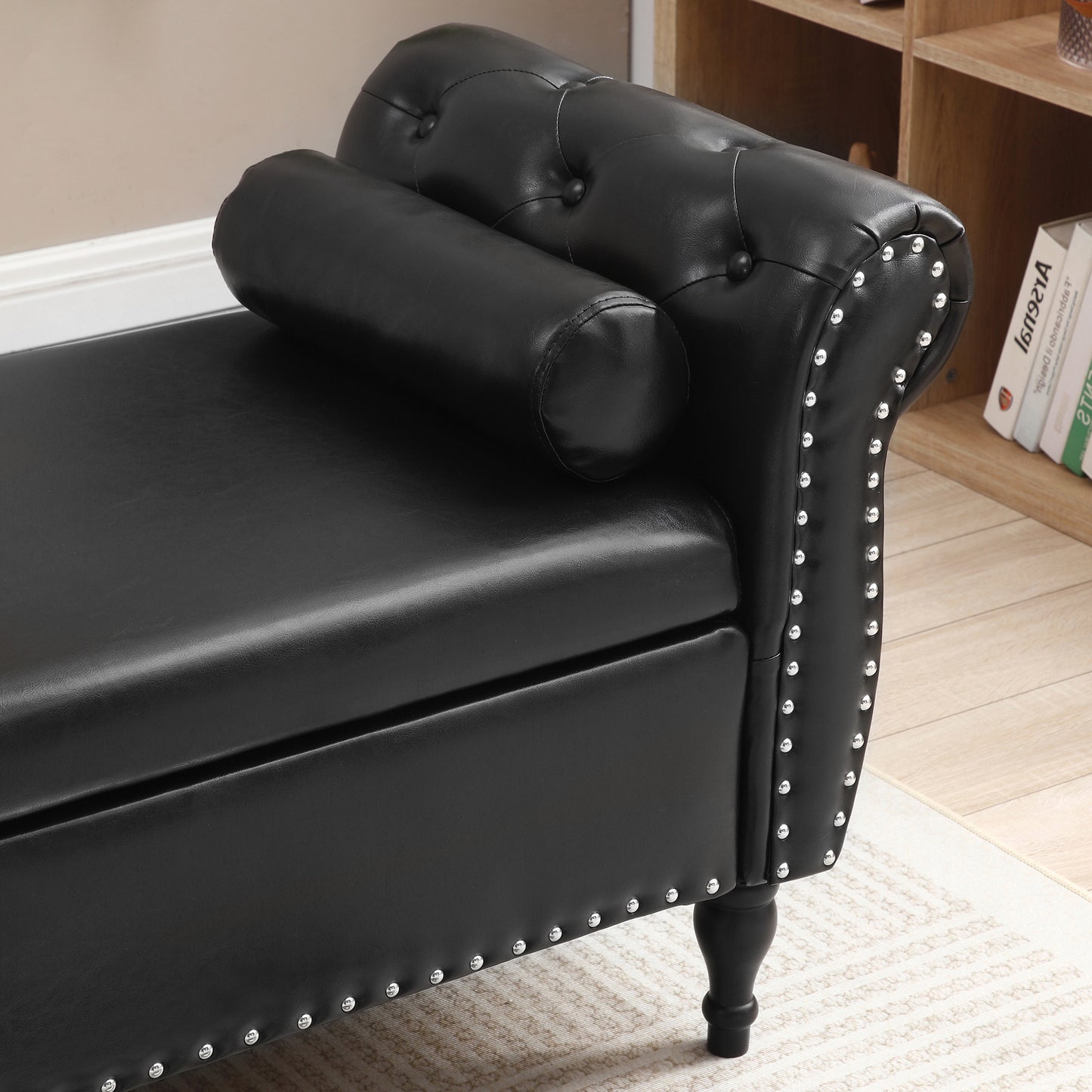 Black faux leather bench with tufted back and bolster pillow