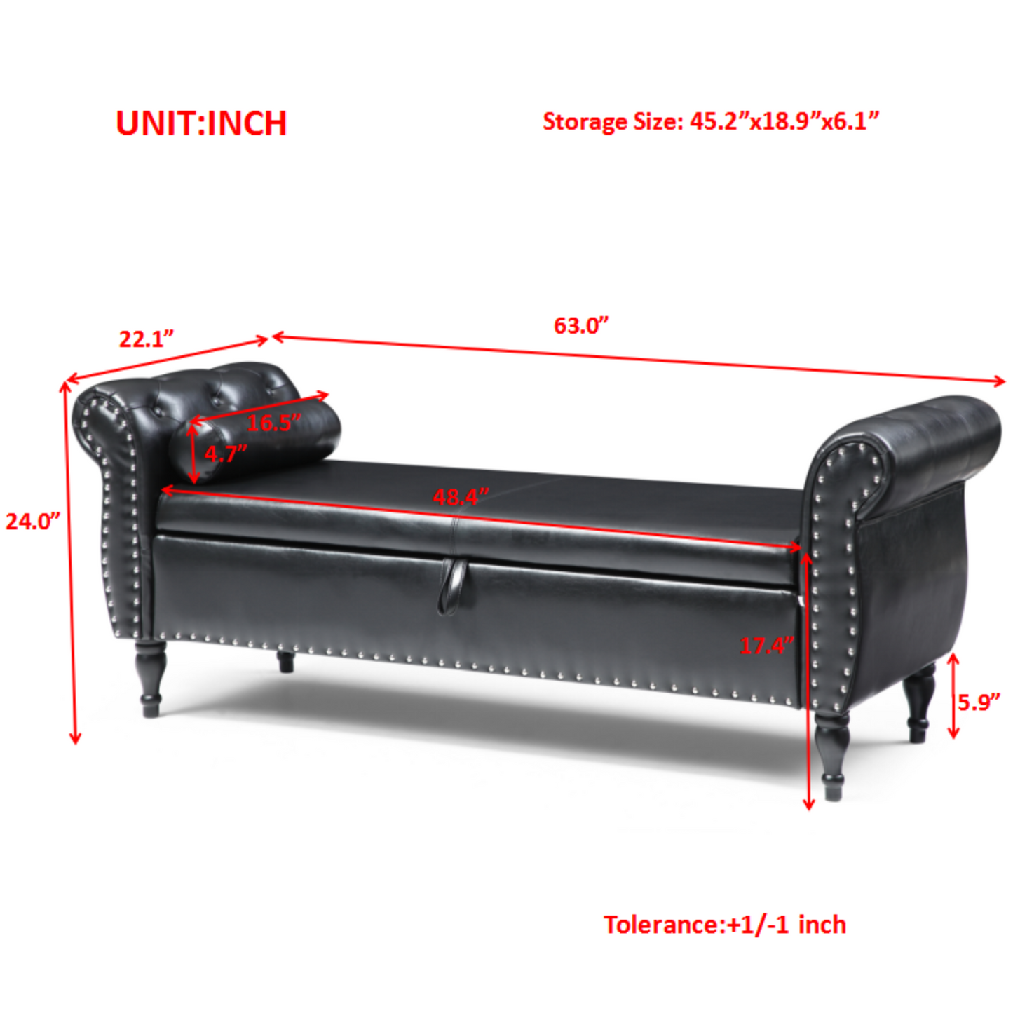 Black faux leather storage bench with tufted seat and rolled arms
