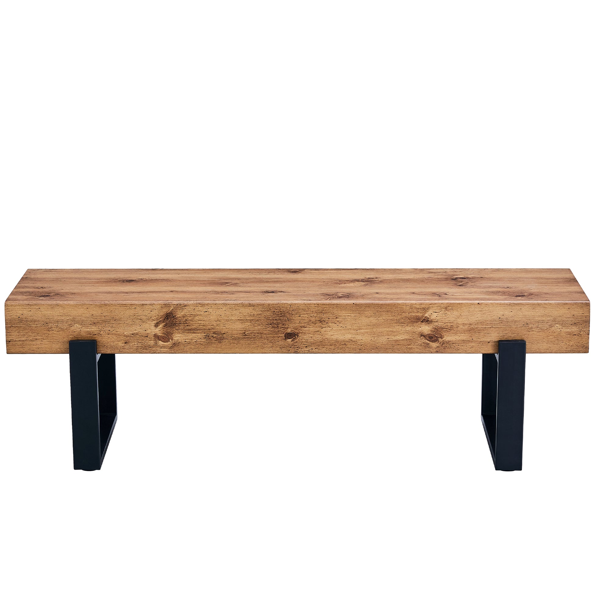 Rustic wooden bench with black metal legs