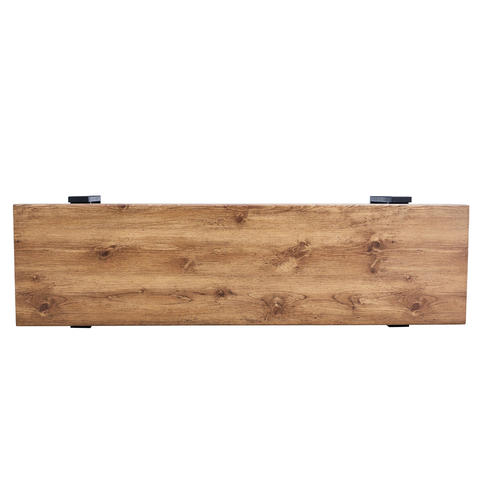 Rustic wooden mantelpiece with dark metal brackets