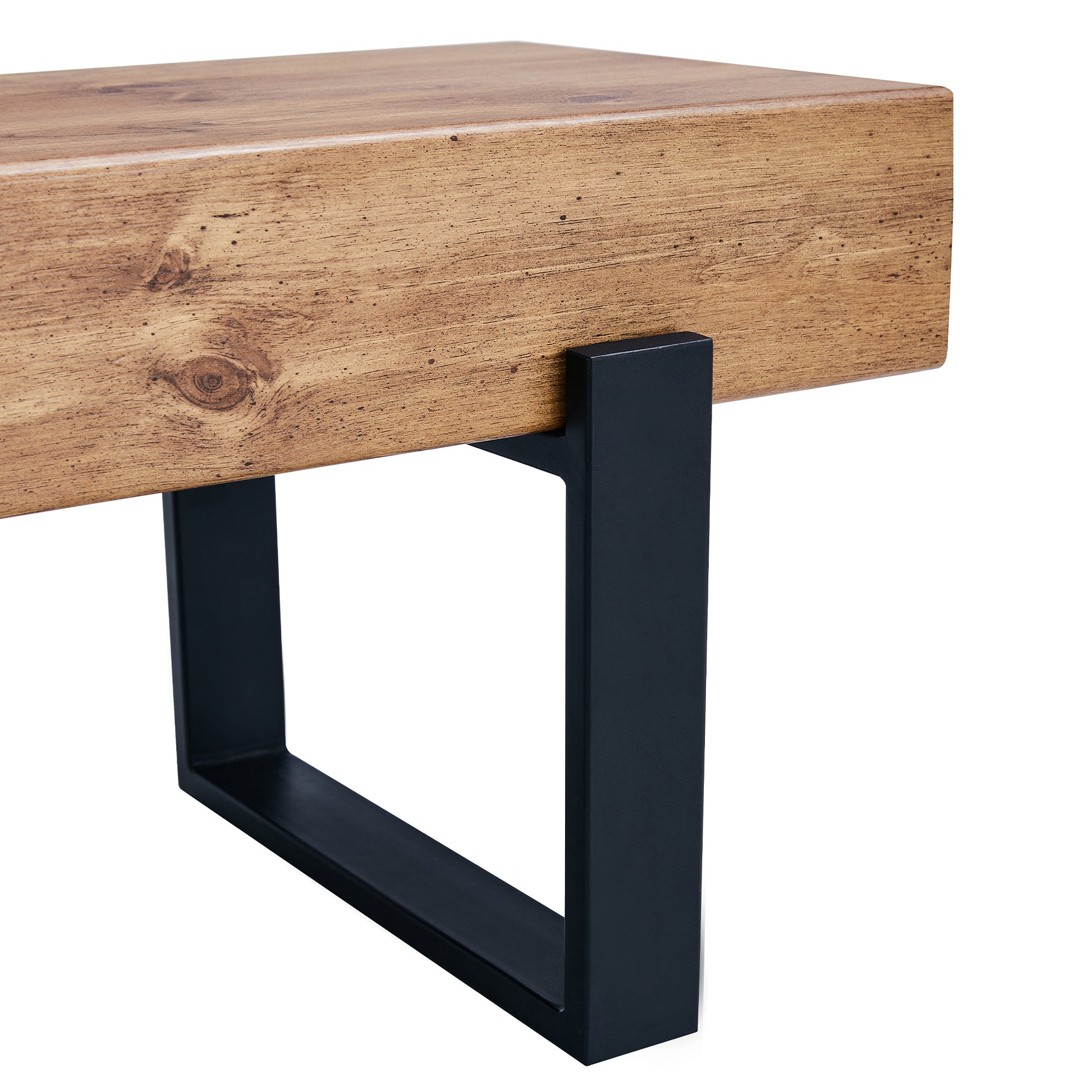Rustic pine wood coffee table with a dark metal leg