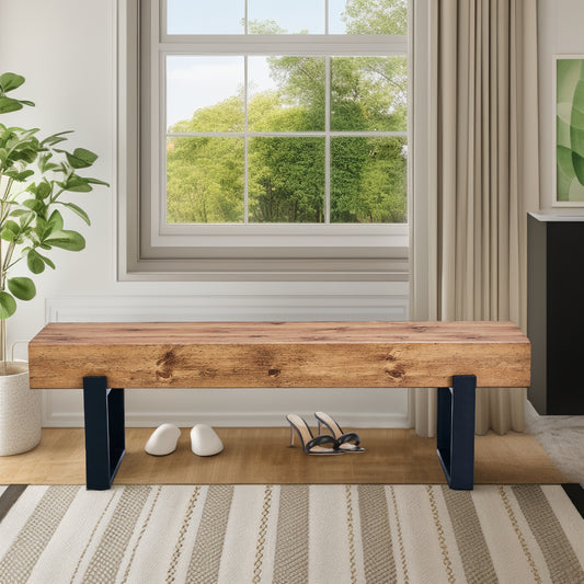 Rustic oak hall bench with black metal legs and storage shelf