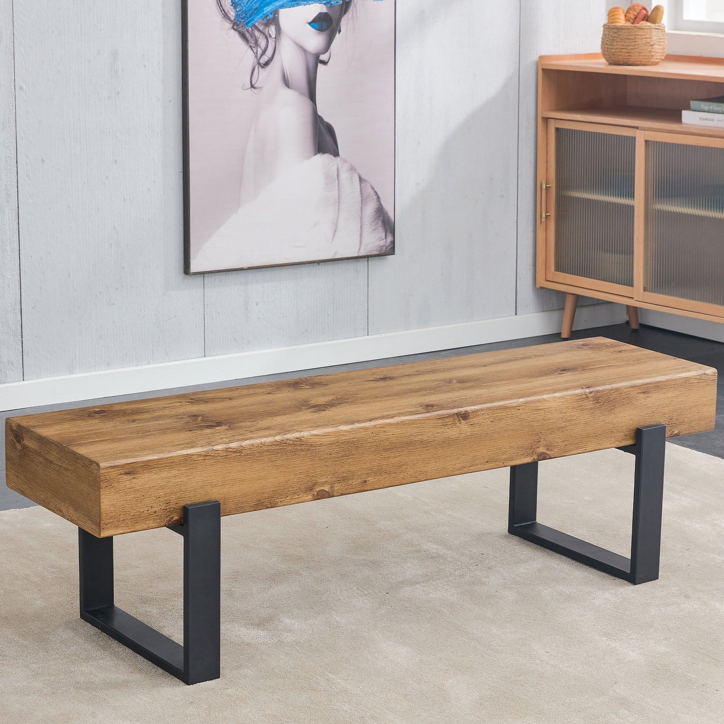 Rustic wooden bench with modern black metal legs