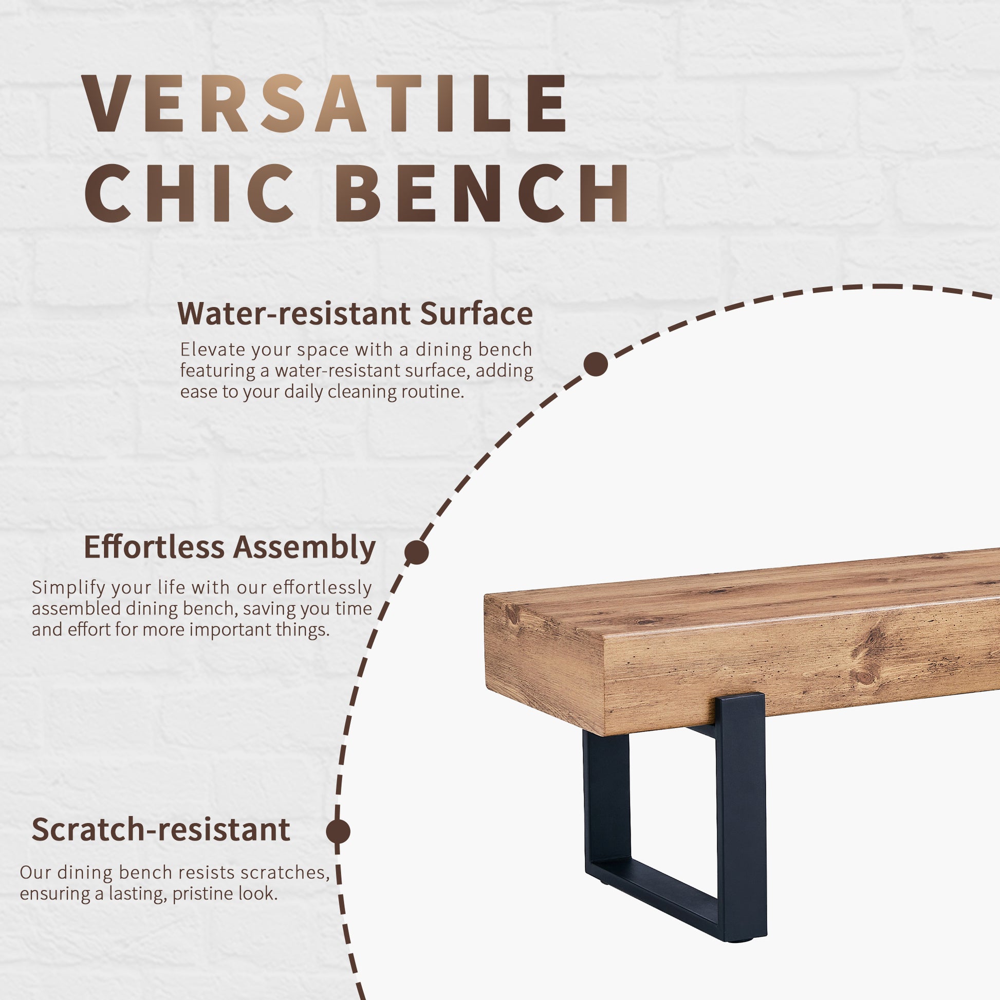 Rustic wood dining bench with sleek black metal legs