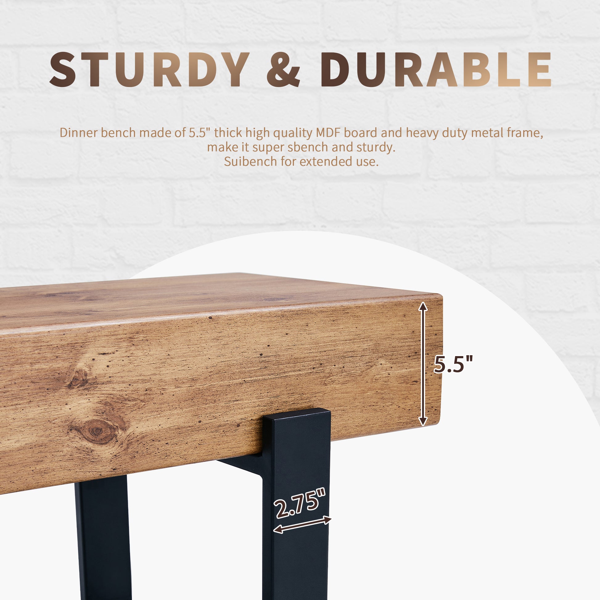 Rustic wood dinner bench with black metal legs