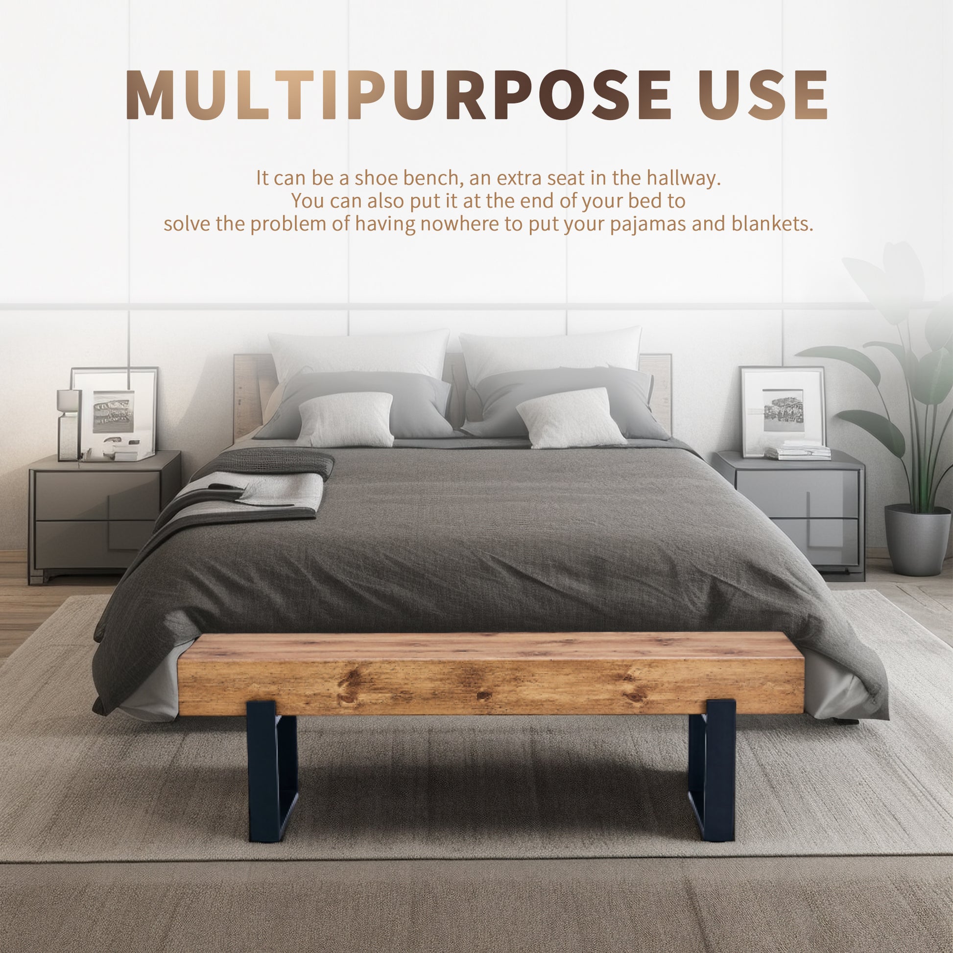 Wooden bench with dark metal legs