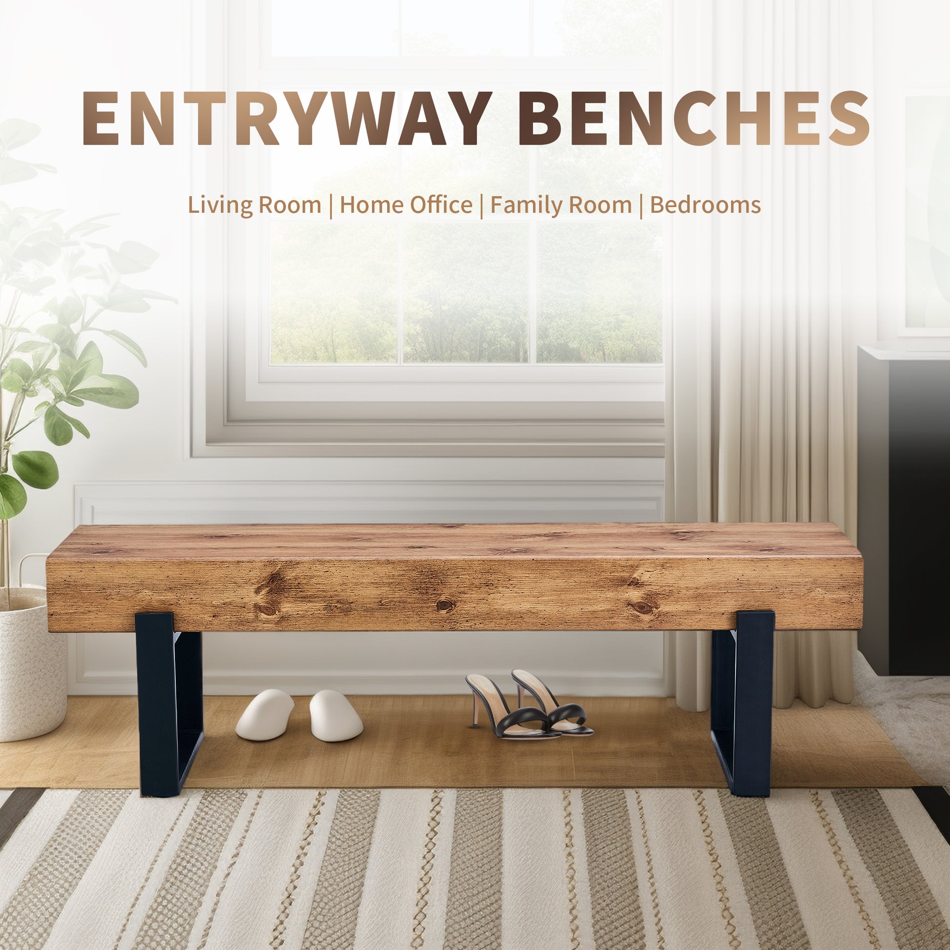 Rustic wood bench with black metal legs ideal for entryway storage