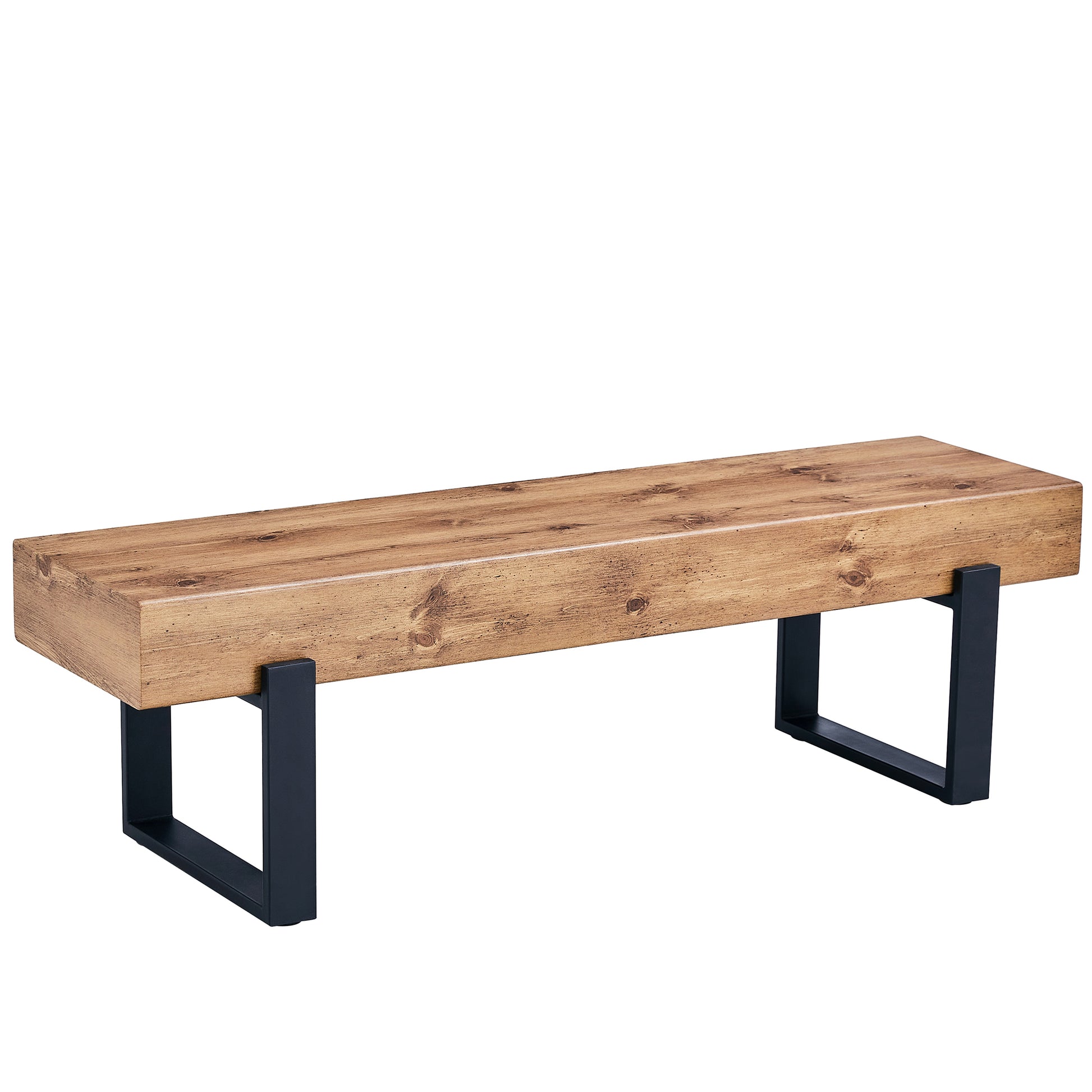 Rustic wooden bench with modern black metal legs