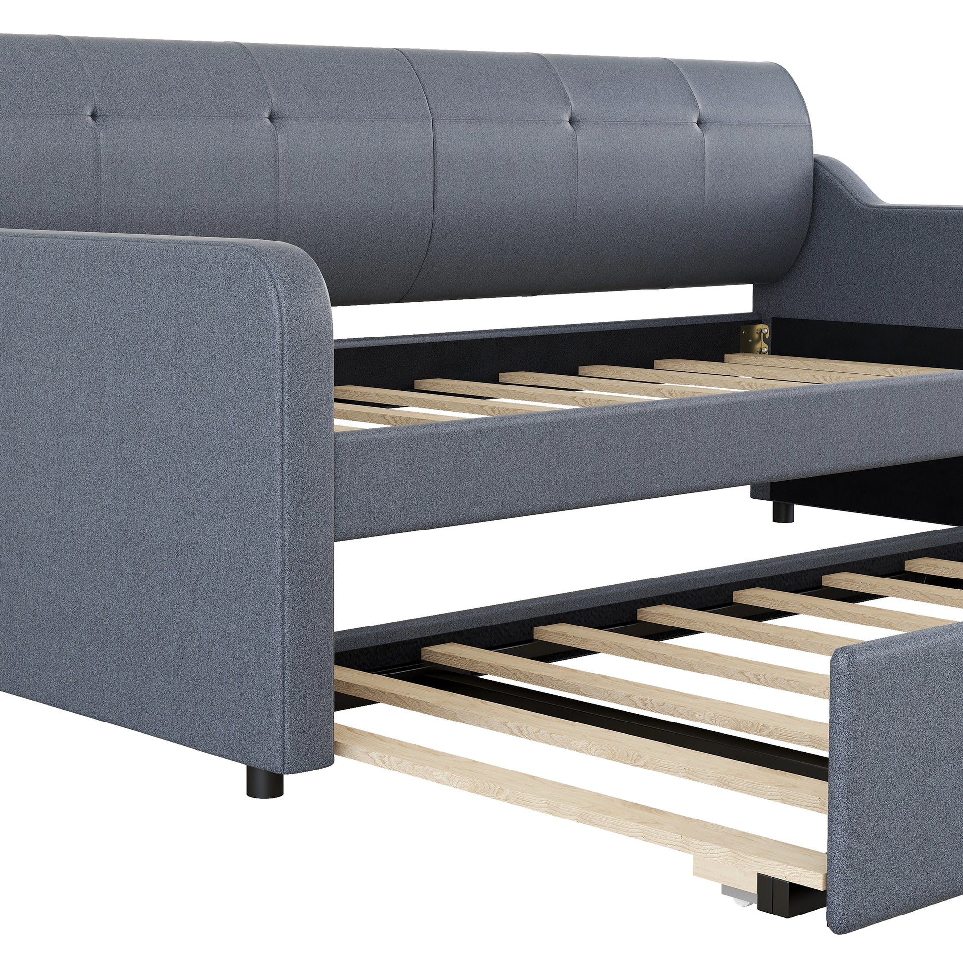 Gray upholstered daybed with pullout trundle bed frame