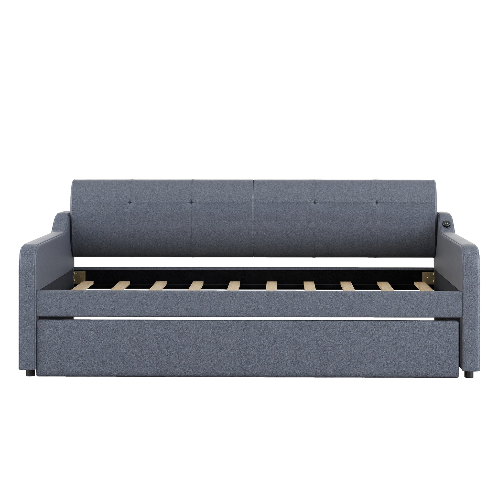 Gray fabric sofa bed with wooden slats exposed