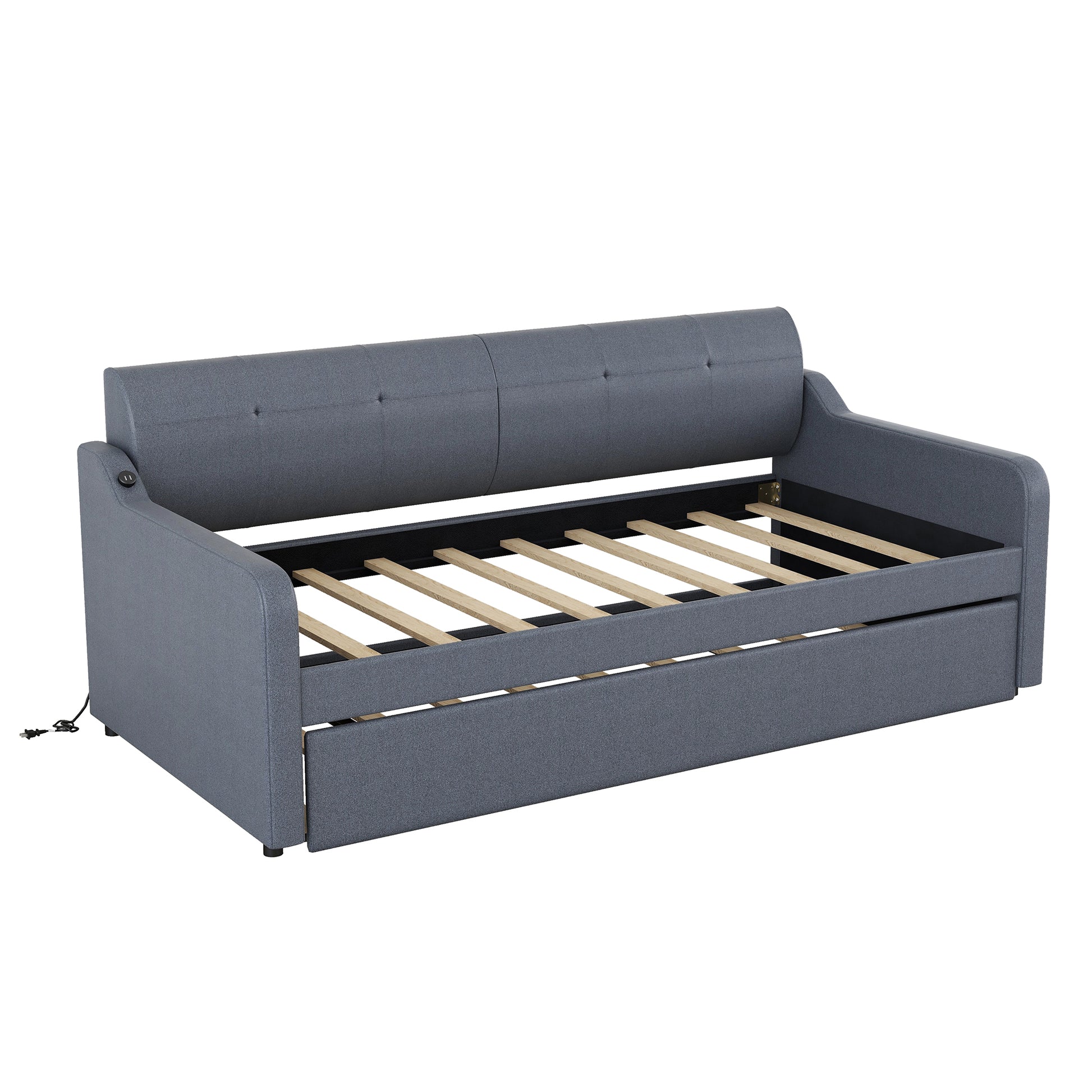 Gray upholstered daybed with pullout trundle and builtin charging port