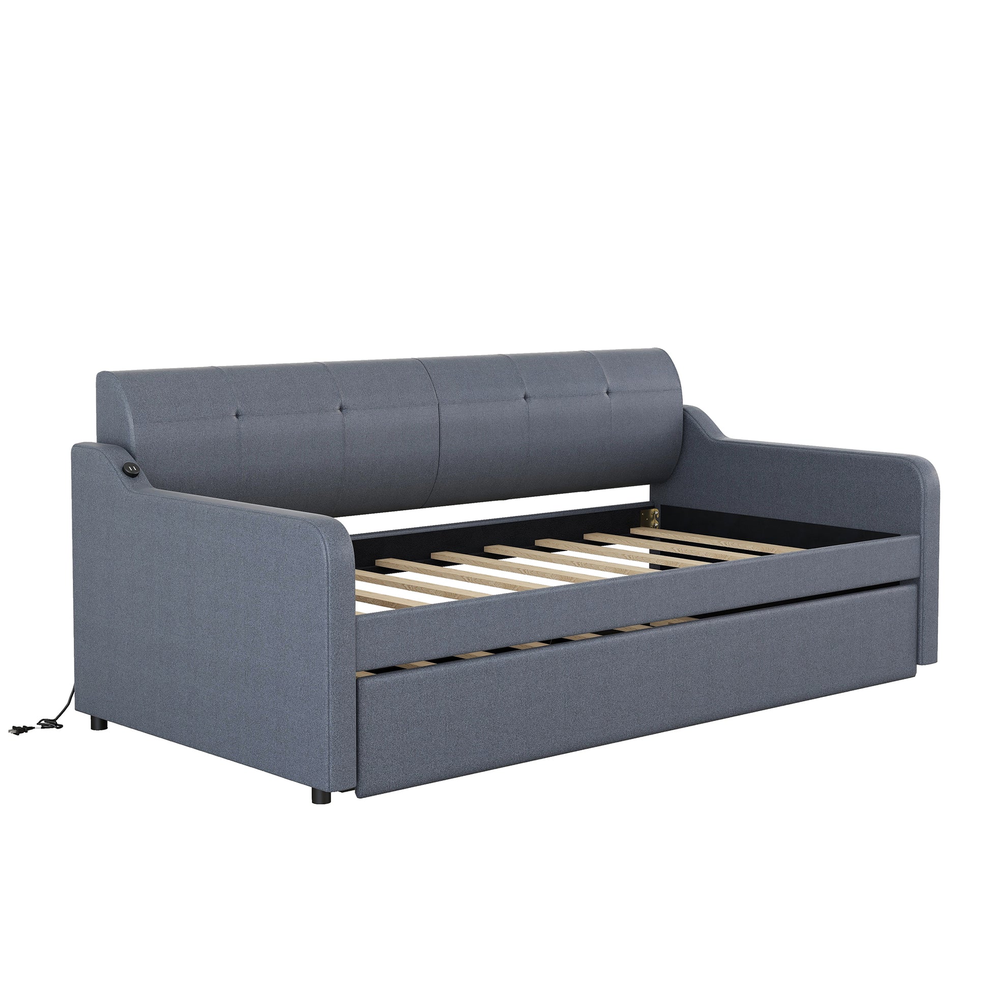 Gray upholstered sofa bed with pullout trundle and wooden slats