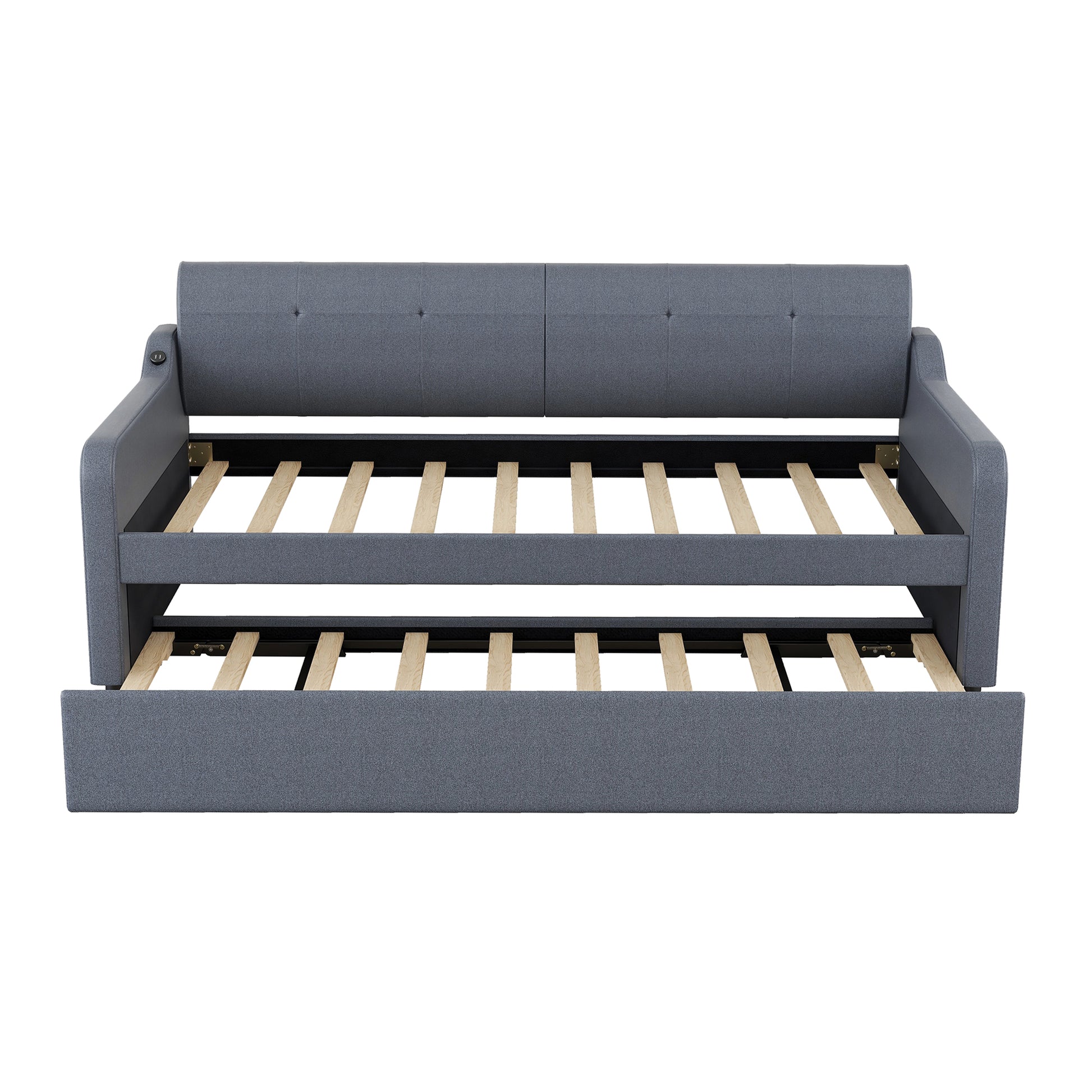 Gray fabric daybed with pullout trundle and wooden slats  characters