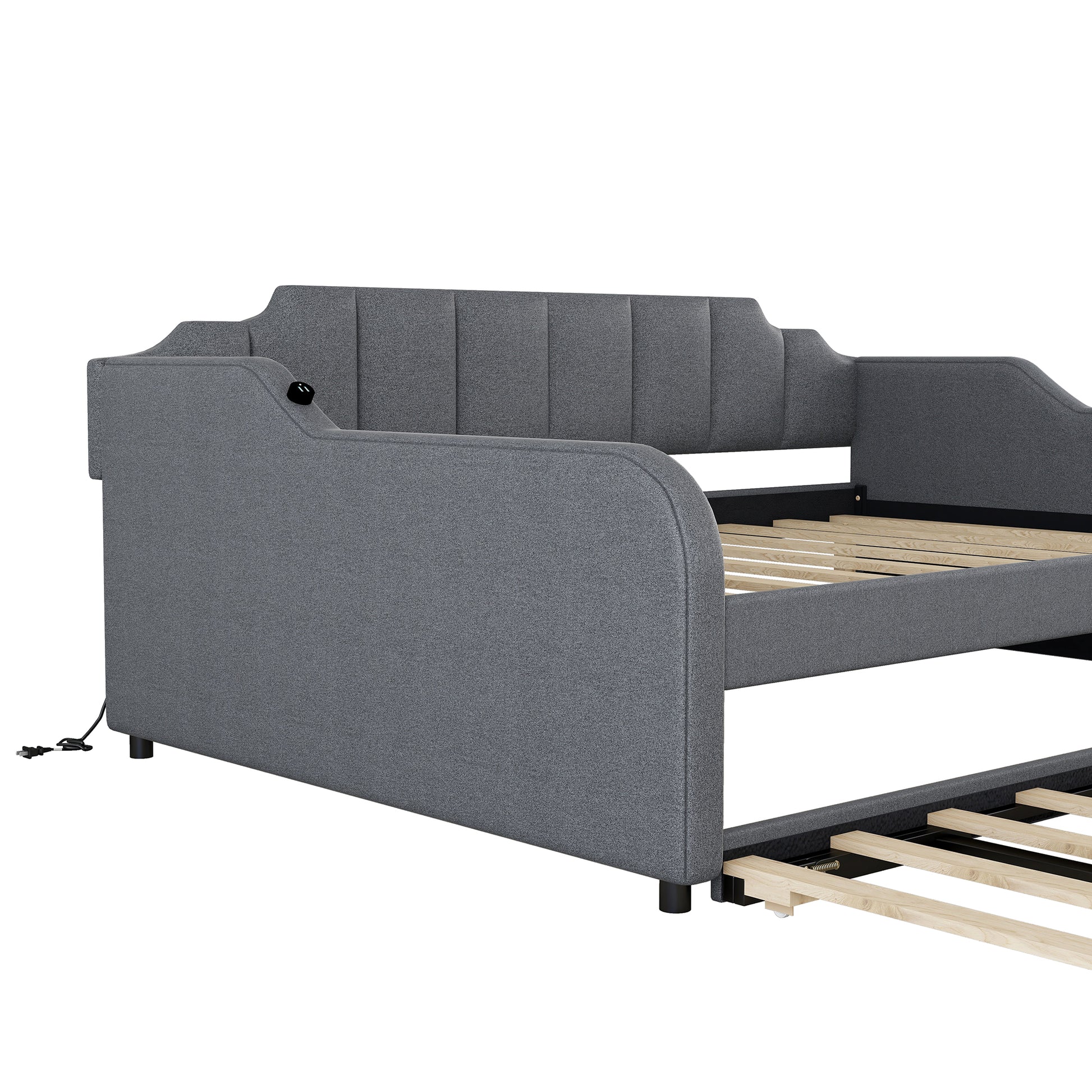 upholstered grey daybed with tufted back and integrated USB charger