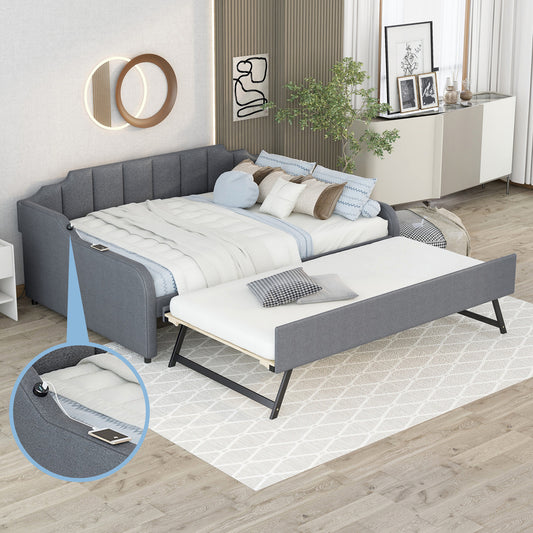 Grey fabric daybed with pullout trundle