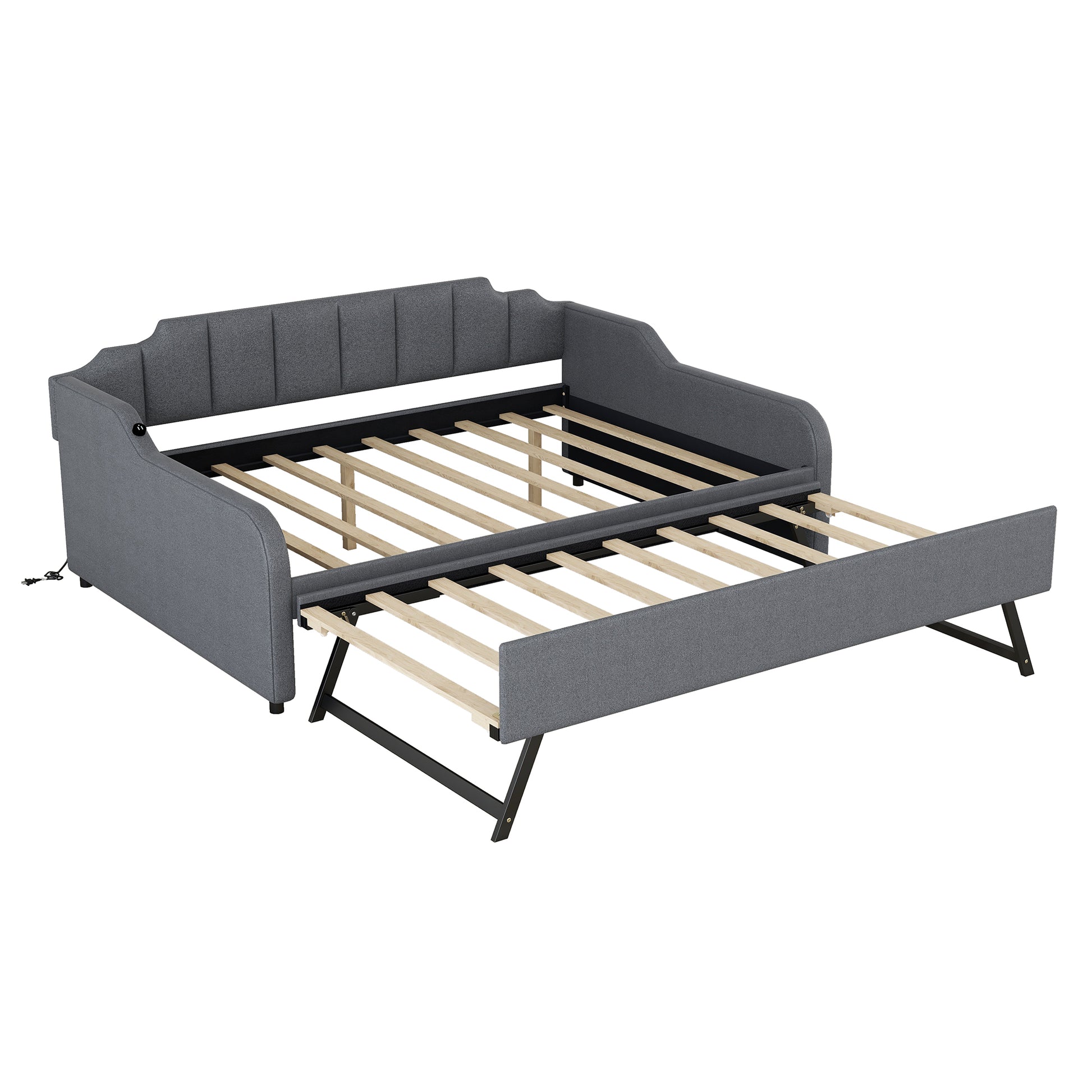 Grey upholstered daybed with pullout trundle tufted back and arms