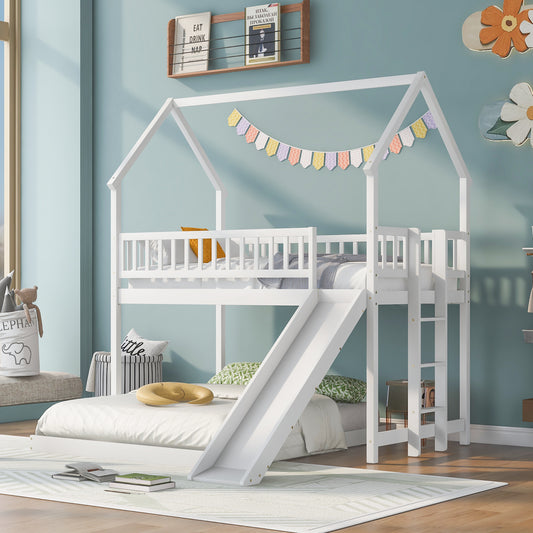 White wooden house bunk bed with slide and ladder for kids