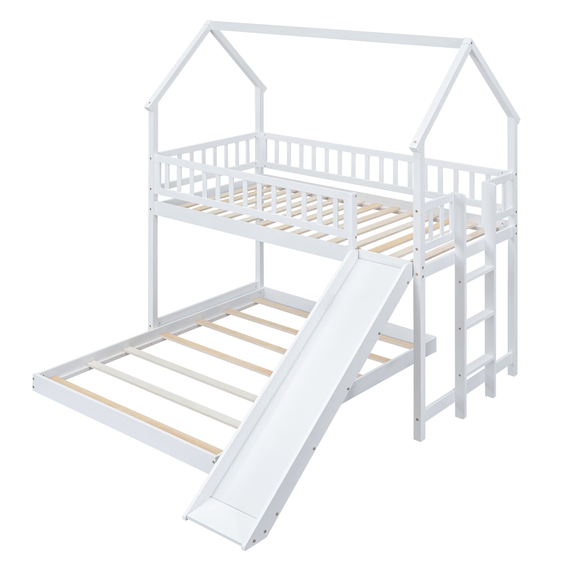 White wooden house bunk bed with slide