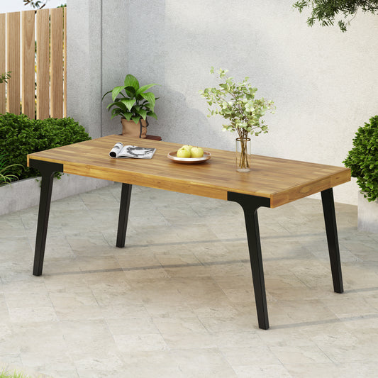 Rectangular acacia wood dining table with black metal legs
