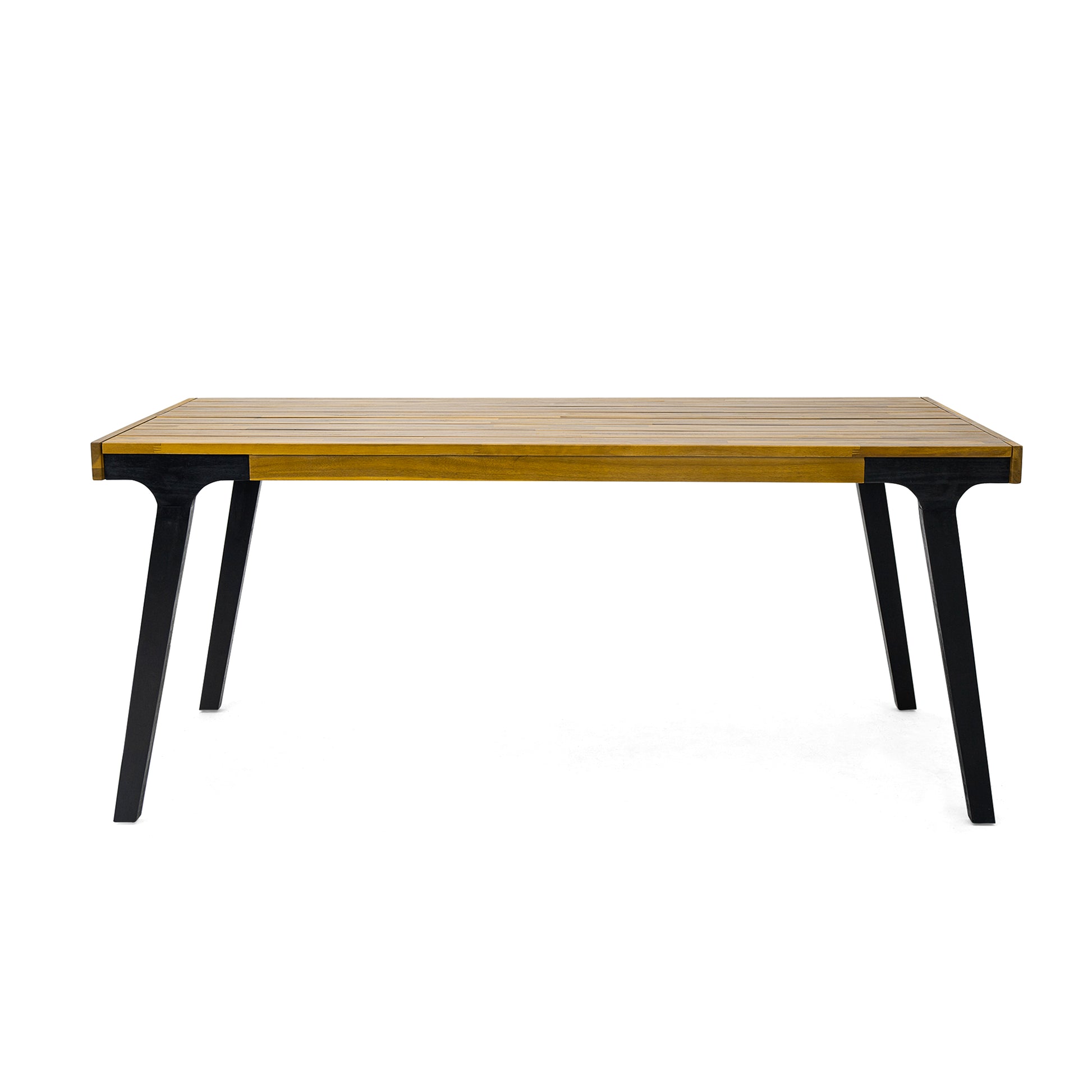 Rectangular wood slatted dining table with black angled legs