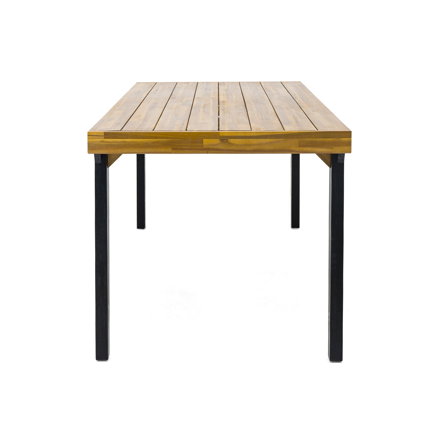 Rectangular wood plank dining table with black metal legs